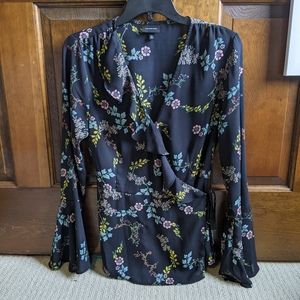 Who What Wear black floral wrap blouse